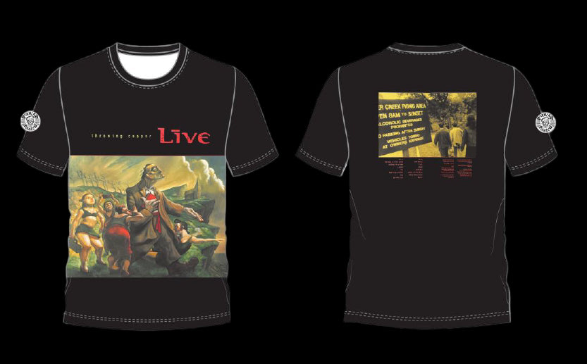 Black t-shirt with colorful graphic design on front and back, featuring the word 'Live'.