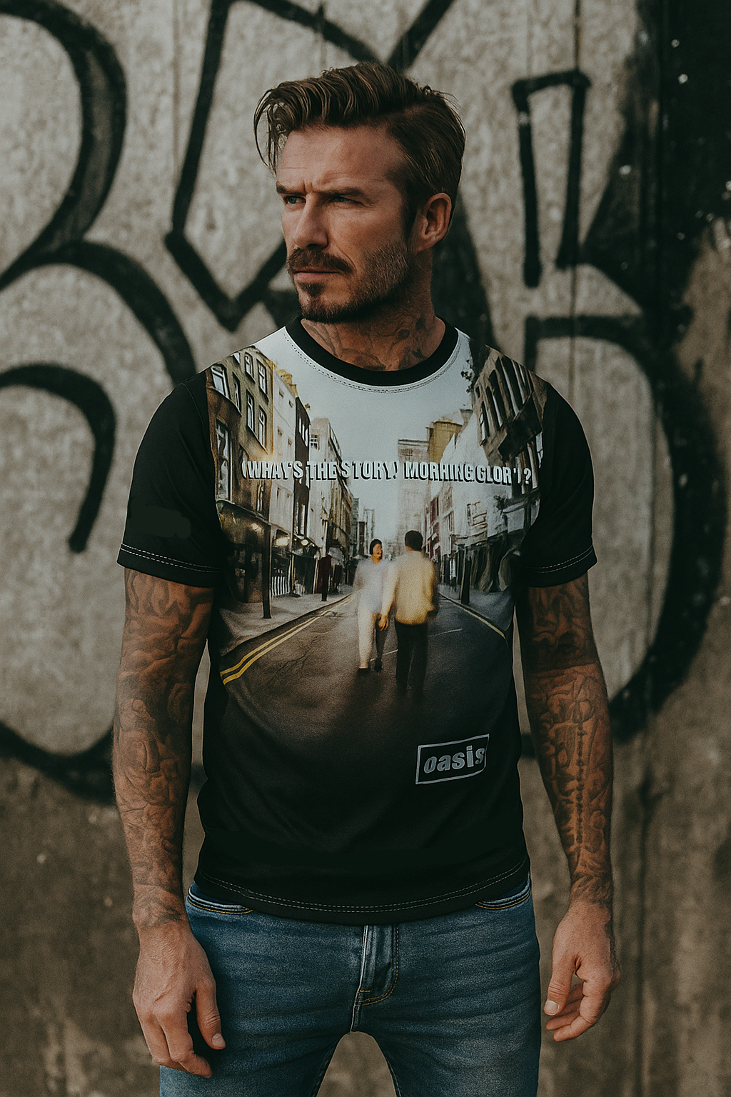 Man wearing a graphic t-shirt with a city street design against a graffiti-covered wall.