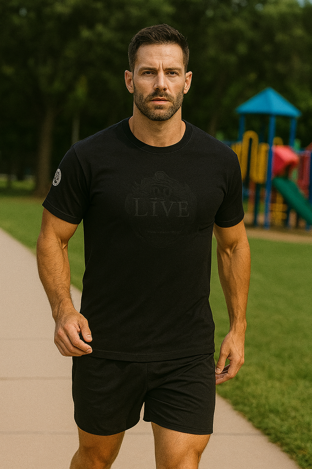 Man wearing a black t-shirt with 'LIVE' logo outdoors on a path