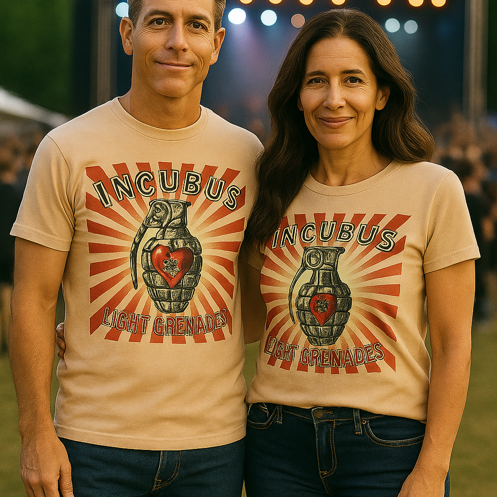 Two people wearing Incubus t-shirts at an outdoor event with stage lights in the background.