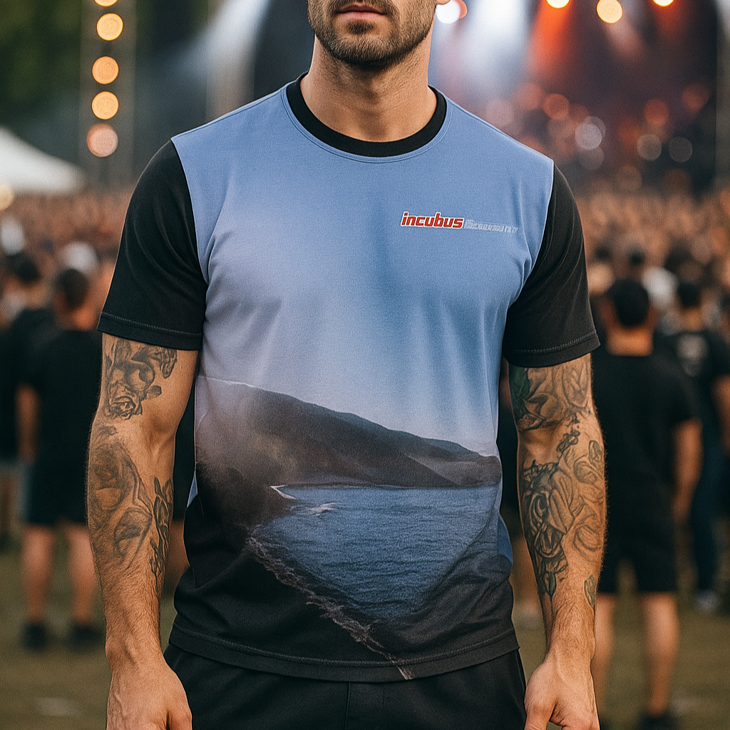 Man wearing a black and blue t-shirt with a mountain design at an outdoor event.