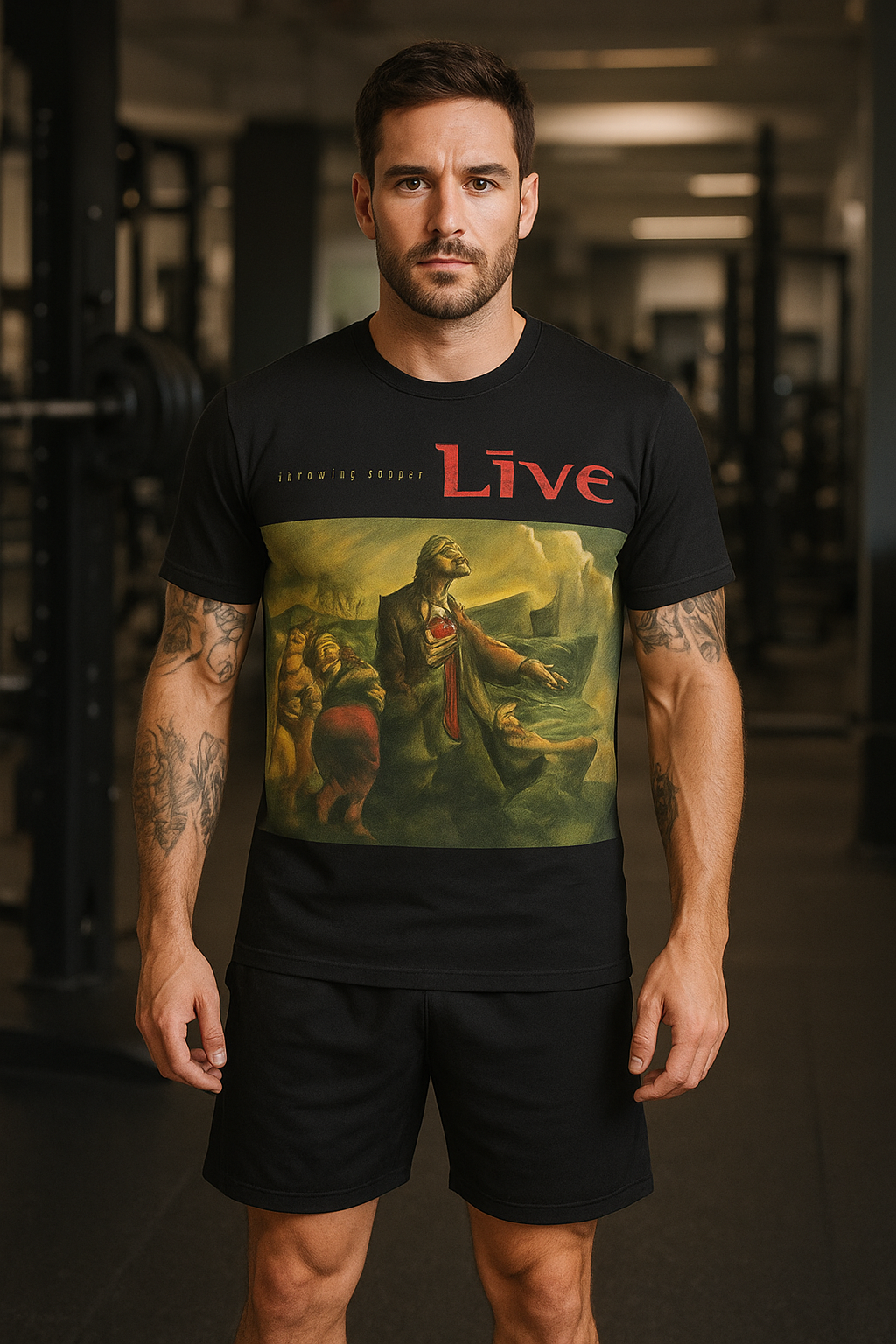Man wearing a black t-shirt with a graphic design and 'Live' text in a gym setting