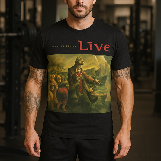Man wearing a black t-shirt with a graphic design and 'Live' text in a gym setting
