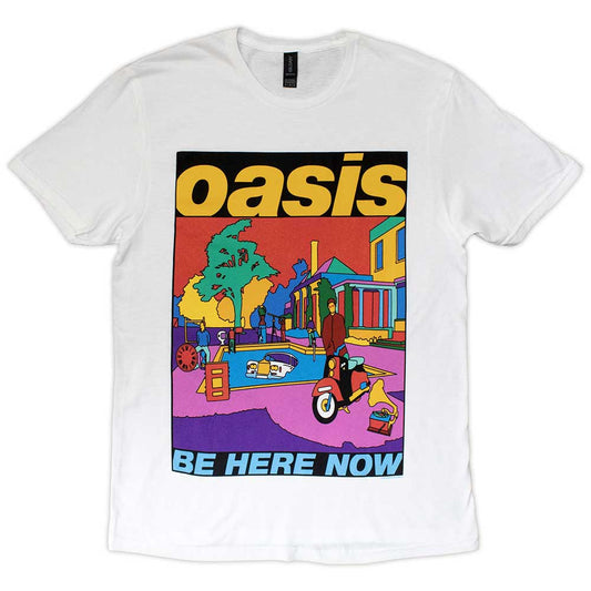 White t-shirt with a colorful graphic design featuring the word 'oasis' and 'Be Here Now'.