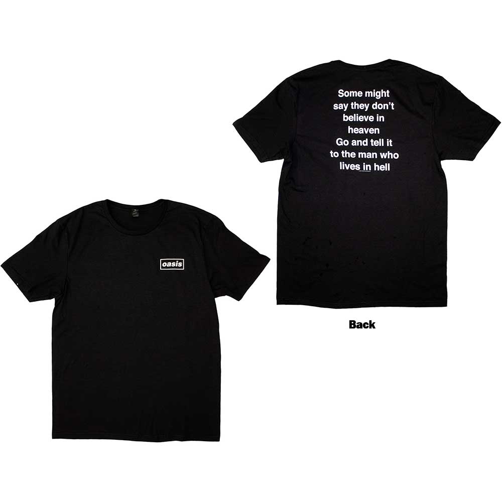 Black t-shirt with text on front and back on a white background