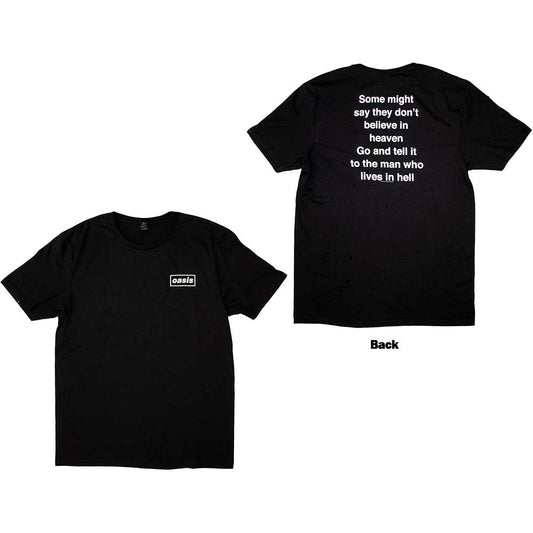 Black t-shirt with text on front and back on a white background