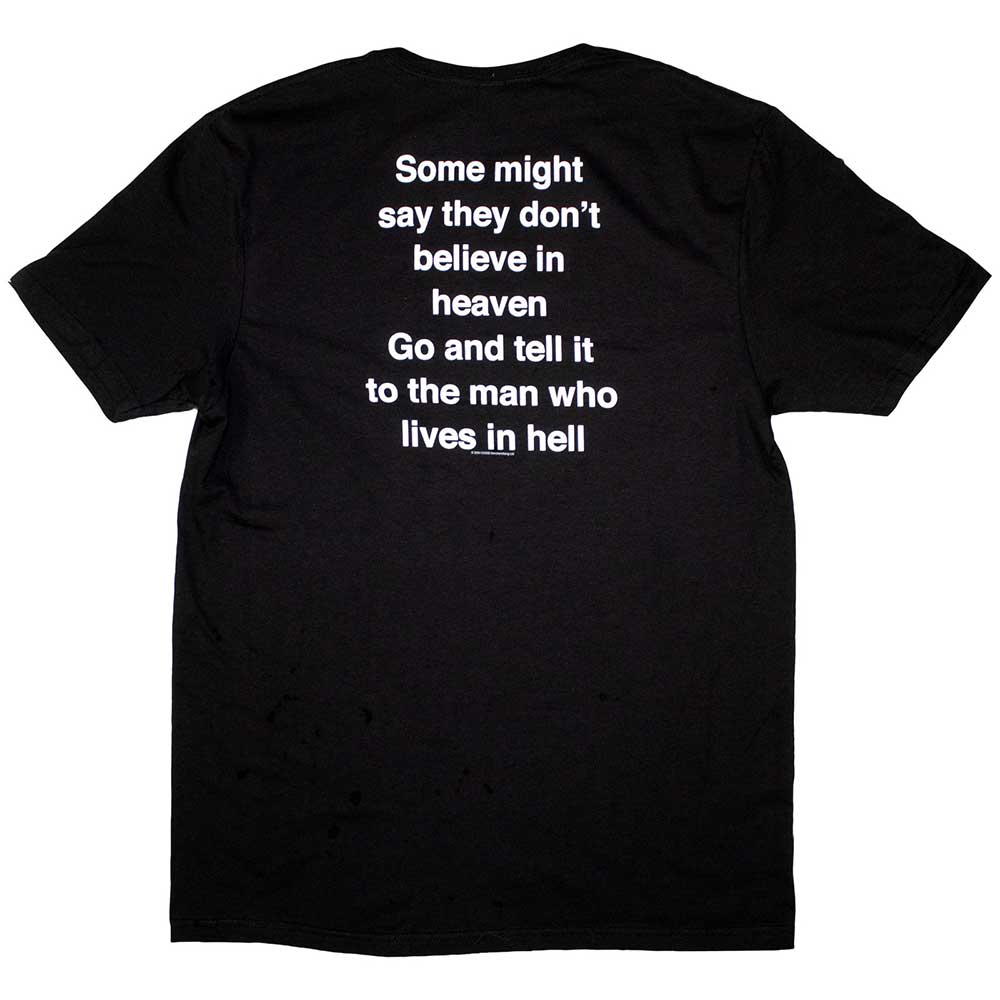Black t-shirt with white text on a white background