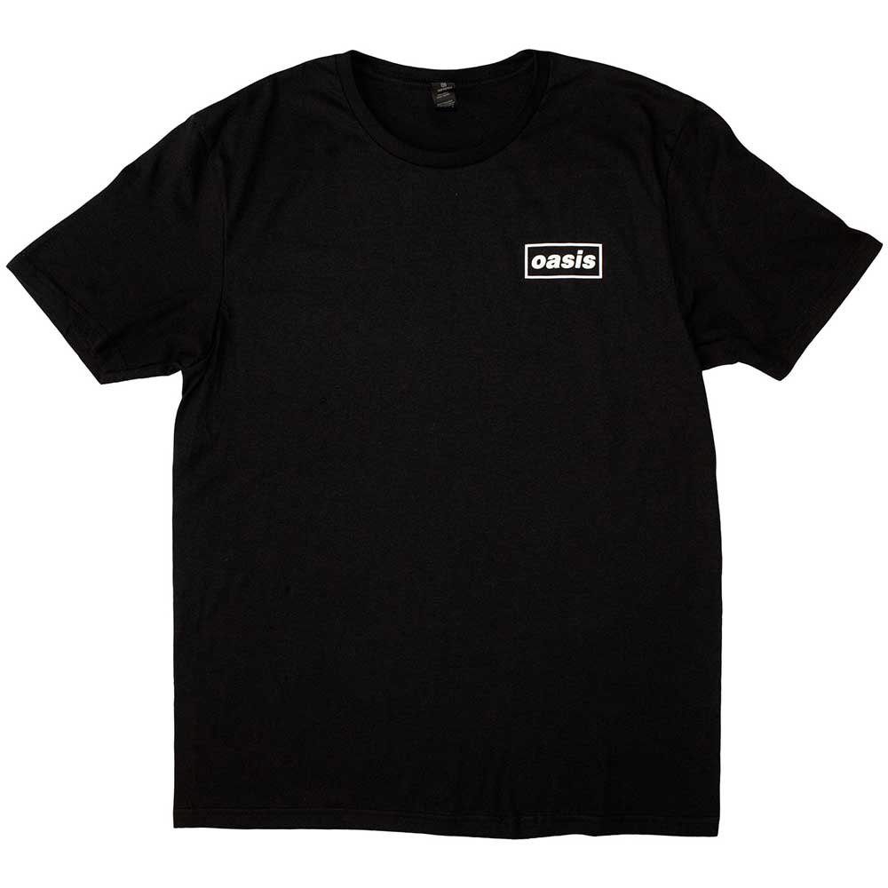 Black t-shirt with 'oasis' logo on a white background