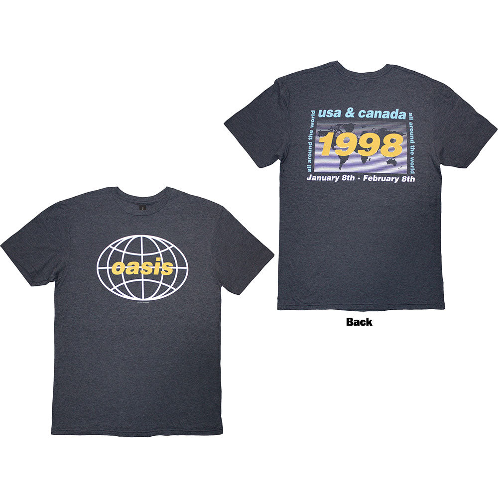 Dark Gray t-shirt with 'oasis' logo on front and concert details on back, displayed on a white background.