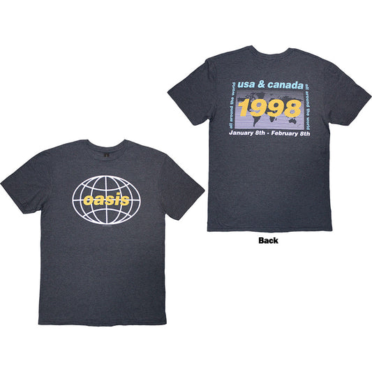 Dark Gray t-shirt with 'oasis' logo on front and concert details on back, displayed on a white background.