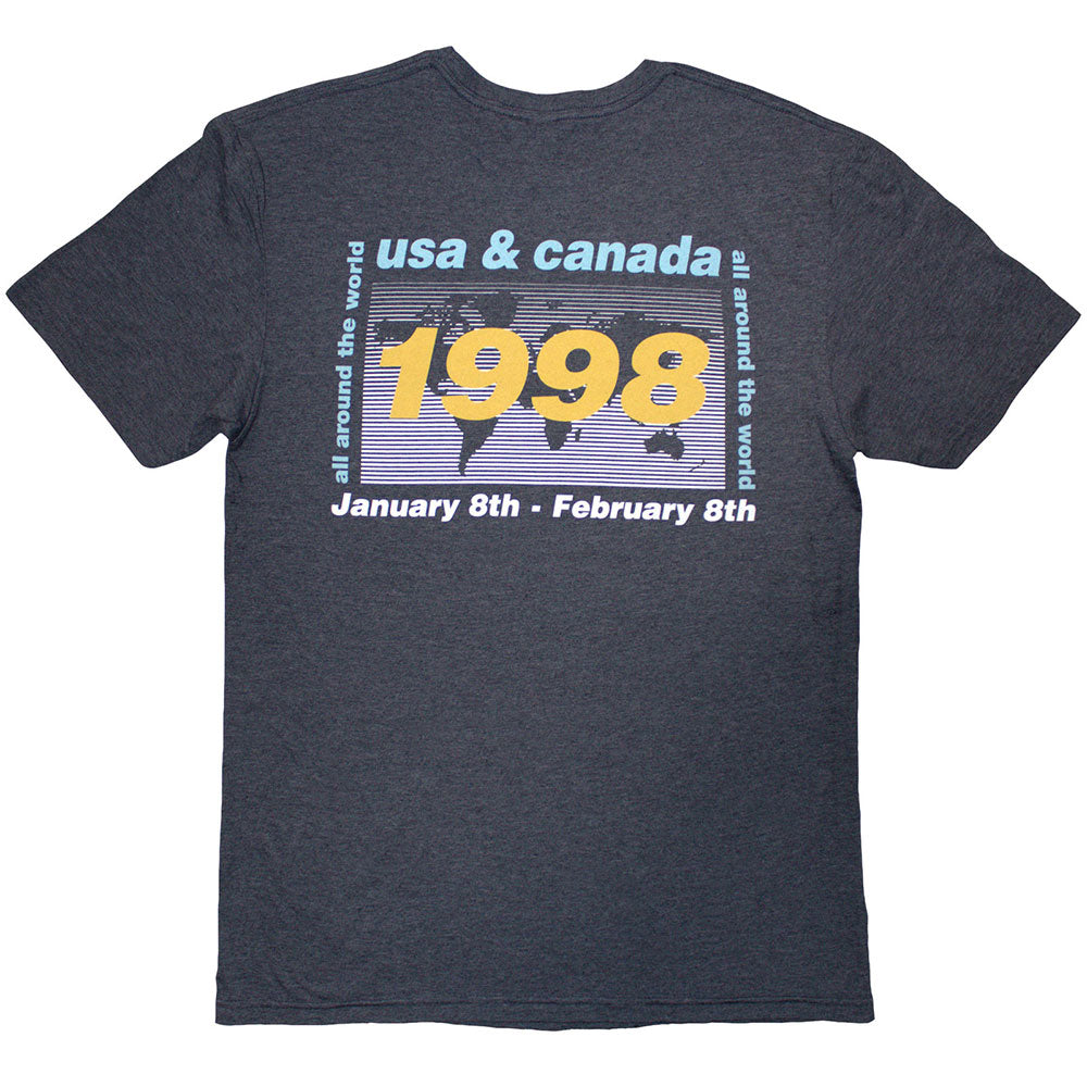 Dark Grey t-shirt with world map design and text on a white background