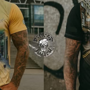 Two t-shirts with album cover designs, one yellow and one black, worn by models in urban settings.