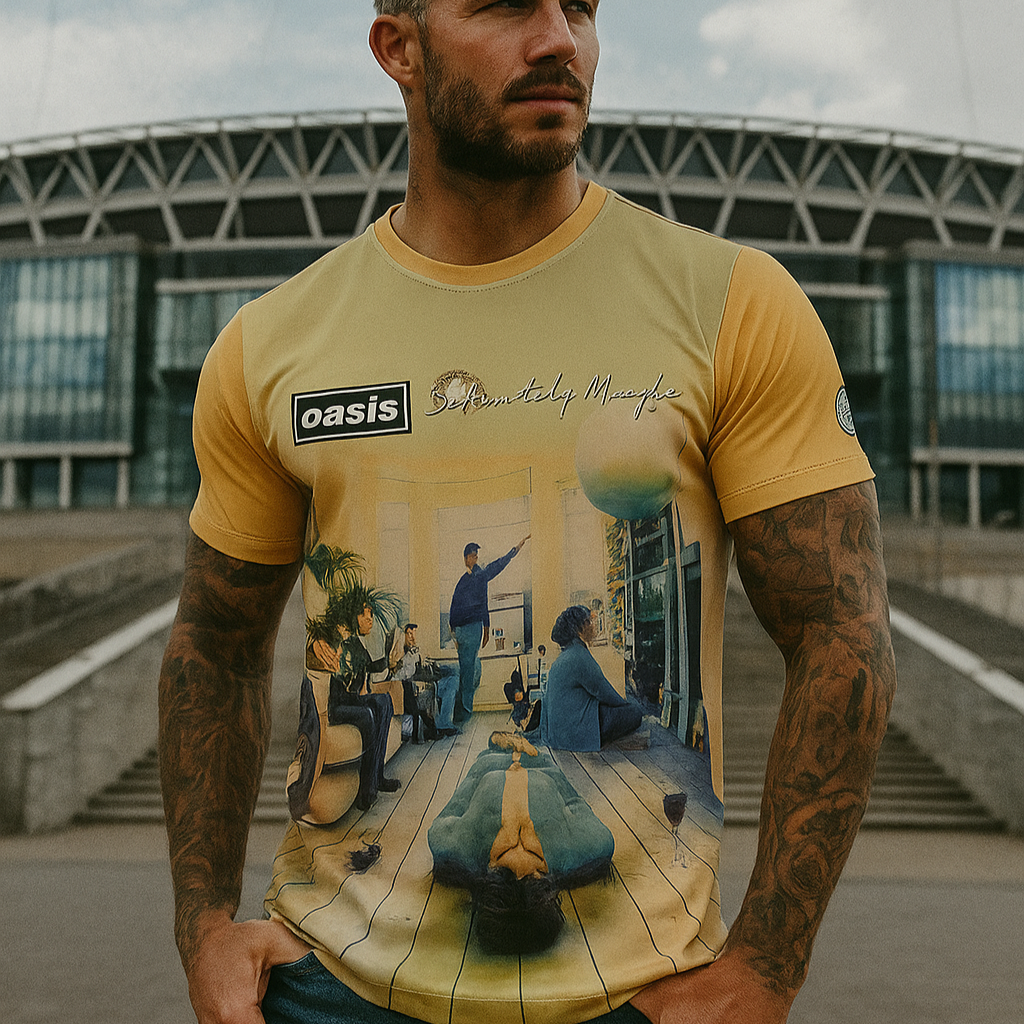 Man wearing a yellow t-shirt with a graphic design in front of a large stadium.