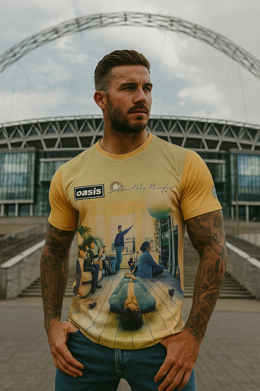 Man wearing a yellow t-shirt with a graphic design in front of a large stadium.