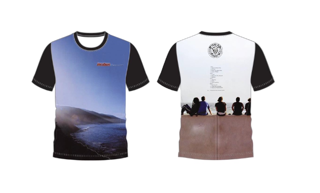 T-shirt with a scenic design on the front and a group of people sitting on a beach on the back.