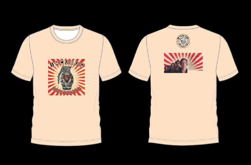 Beige t-shirt with front and back designs on a black background