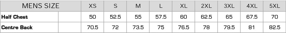 Mens size chart with measurements for half chest and centre back.