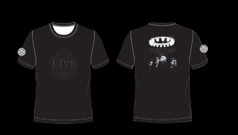 Black t-shirt with 'LIVE' text on front and graphic design on back, displayed from front and back views.